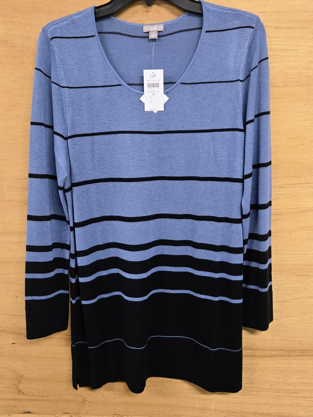 J. Jill Blue and Black Striped Long Sweater. Wool Blend